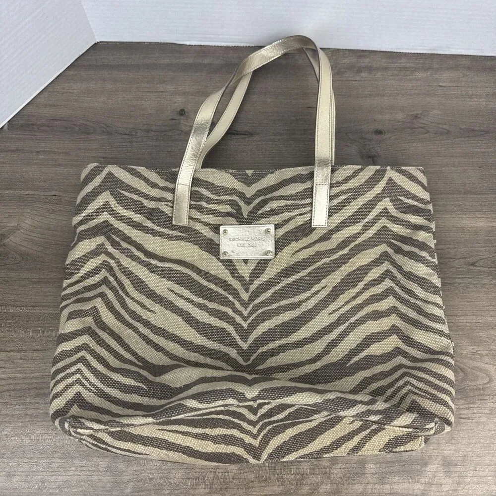 Michael Kors Gold Zebra Print Tote Canvas Bag Purse